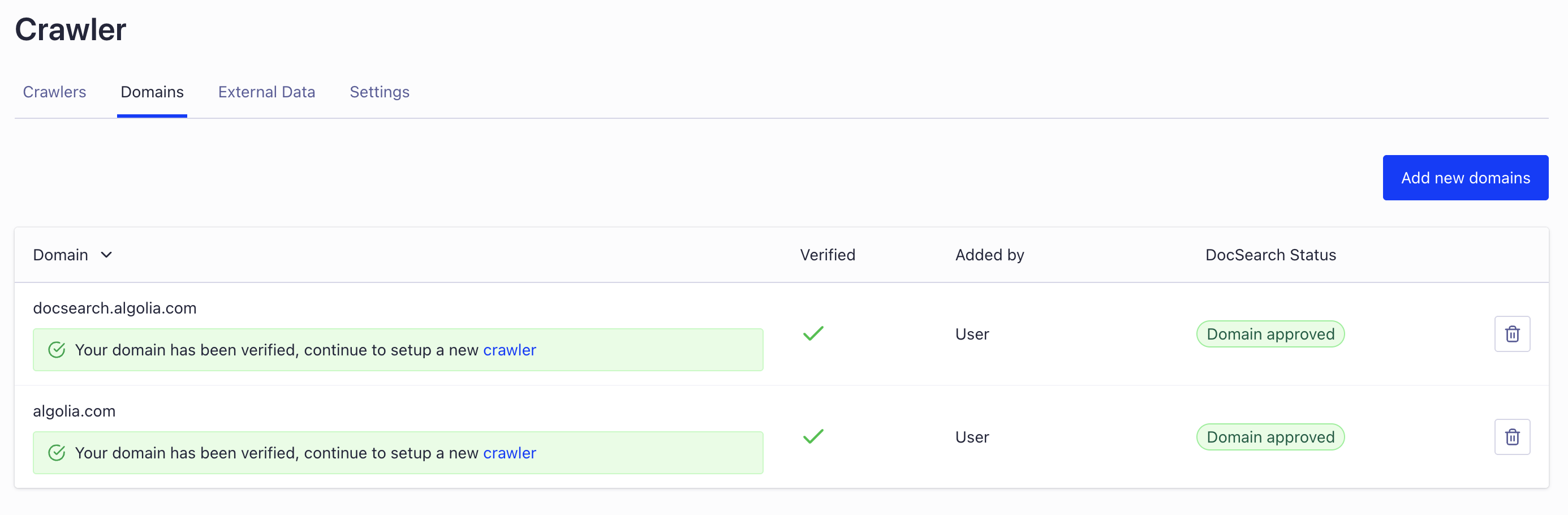 DocSearch Domains Management